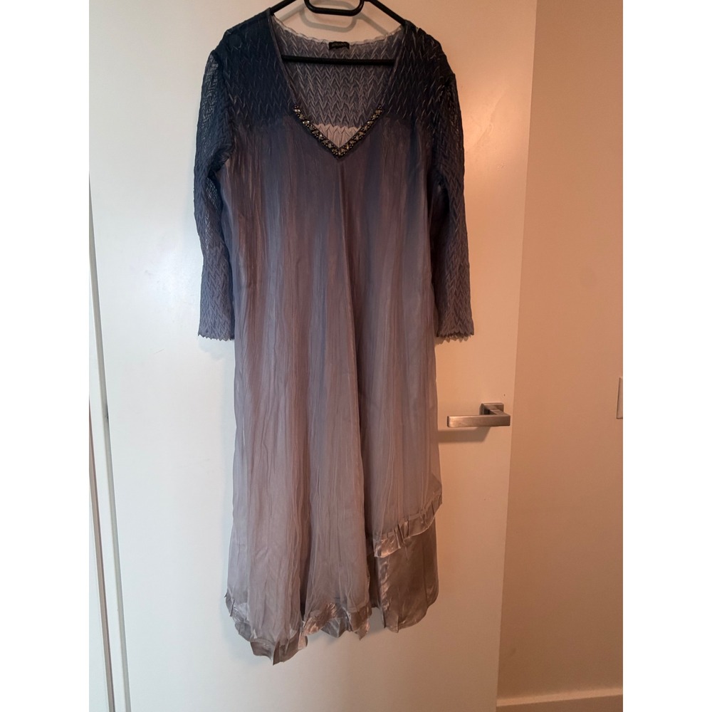 Komarov Ombre Blue Lavender Crinkle Pleated Beaded V-Neck Midi Dress XL